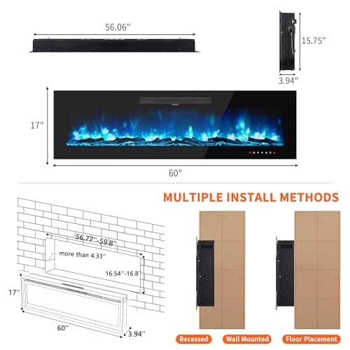 Amerlife 60" Electric Fireplace Wall Mounted, Recessed and Freestanding, Fireplace Heater W/12 Flame Color and Brightness, Touch Screen & Remote Control, Log Set & Crystal Included, Black 6