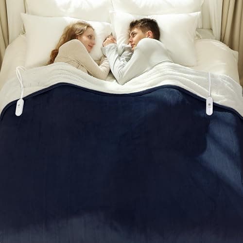 VELLUBAM Queen Size Heated Blanket 84" x 90" - Flannel Sherpa Electric Blanket Queen with Dual Control, 5 Heating Levels & 10 Hours Auto Off, Heating Blanket with Overheat Protection for Home (Navy)