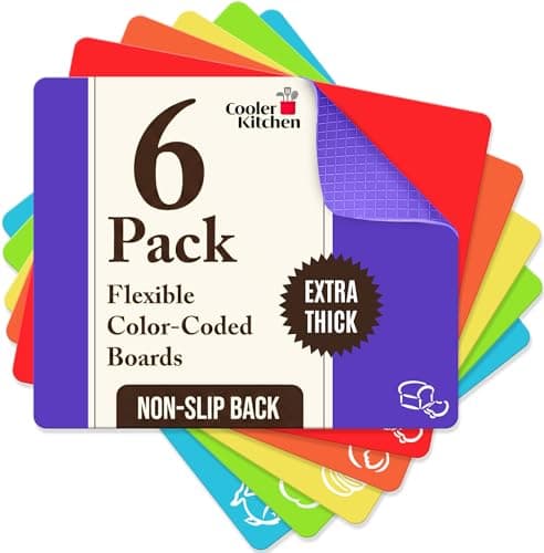 Extra Thick Flexible Plastic Cutting Board Mats Set of 6 for Kitchen, Non-Porous, Non-Slip Waffle Back, Color Coded with Food Icons, Dishwasher Safe, 12 x 15 Inch - Cooler Kitchen