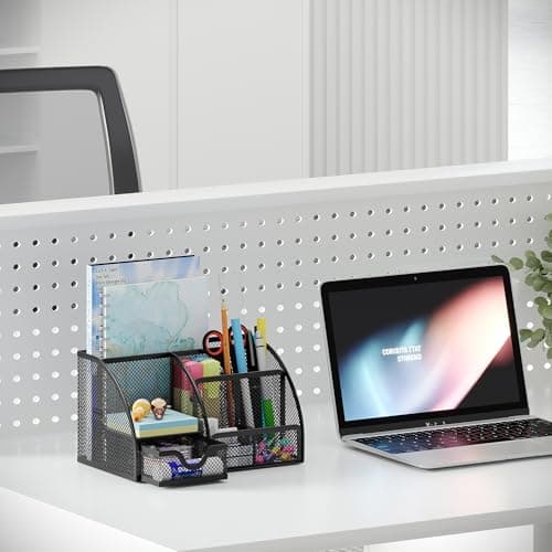 EasyPAG Mesh Desk Organizer with Drawer Multi-functional Pen Holder Stationery Organizer for Office School Supplies 6 Compartments Dorm Organizers and Storage for Desk, Black 5
