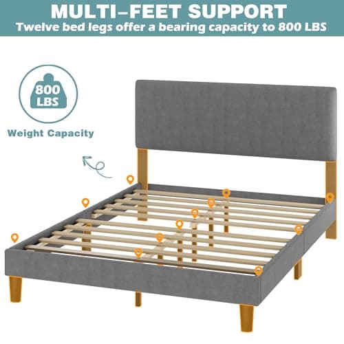 Lifezone Queen Bed Frame with Headboard,Linen Upholstered Bed Frame with Wood Slats Support,No Box Spring Needed,Heavy Duty Feet,Easy Assembly,Light Grey 6