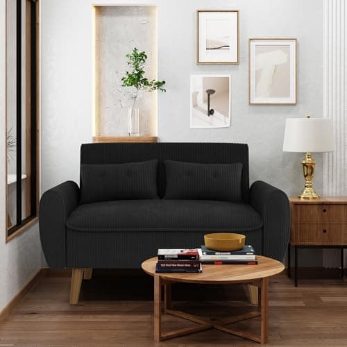 Shintenchi Small Modern Loveseat Couch Sofa, Mid Century Fabric Upholstered 2-Seat Sofa Couch Love Seats Furniture for Small Space,Living Room,Studio,Apartment with 2 Pillows,Black