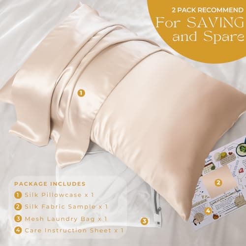 PROMEED 100% Mulberry Silk Pillowcase for Hair and Skin, Both Sides 23 Momme Grade 6A+ Silk Pillow Case with Hidden Zipper, 1400 TC, Soft & Smooth (Standard 20"x26", Champagne) 6