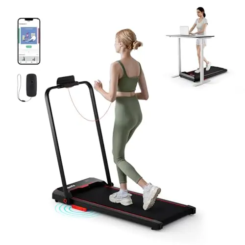 Goplus 2 in 1 Folding Treadmill, 2.5HP 340 LBS Capacity Walking Pad with Handle Bar, Under Desk Treadmill with Remote Control, LED Display and APP, Foldable Portable Treadmills for Home Small, Office