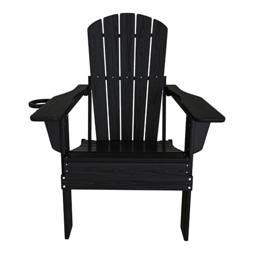 Plawdlik Folding Adirondack Chair Set of 4, Cup Holder，Wooden Textured ，Heavy All-Weather HDPE Comfortable Set Poolside Backyard Lawn Black 9