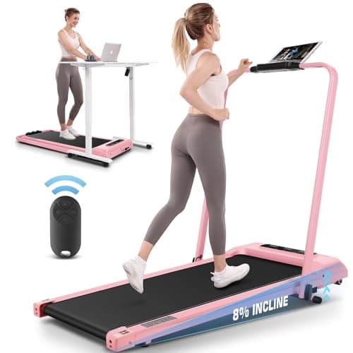 Foldable Treadmill with Incline-Walking Pad with Handle Bar-Portable Walking Pad Treadmill 300+ lb Capacity-Under Desk Treadmills, 4 in 1 Running Machine LED Display/Dual Control (Upgraded Pink)