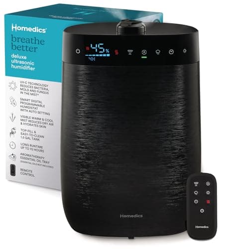 Homedics Deluxe Ultrasonic Humidifier for Large Rooms, Warm or Cool Mist, UV-C Technology, 1.5-Gallon Top Fill Tank, Smart Digital Programmable Humidistat, Home Dry Air Relief, Aromatherapy