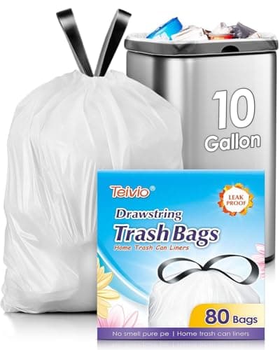 Teivio 10 Gallon Drawstring Trash Bags 80 Counts Medium Kitchen Garbage Bags fit 30-35 Liter Garbage Bin, Large Trash Can Liners for Home, Office, Light Residential Waste Outdoor Lawn Bags, White
