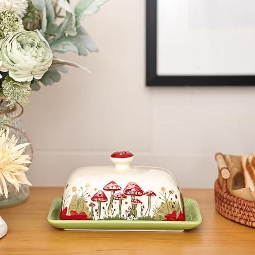 Fungi Fun Mushroom Butter Dish With Lid – Cute Cottagecore Ceramic Storage Container, Vintage French Covered Tray, Boho Farmhouse Kitchen Decor Gift, Unique Countertop Holder (White, Standard) 6