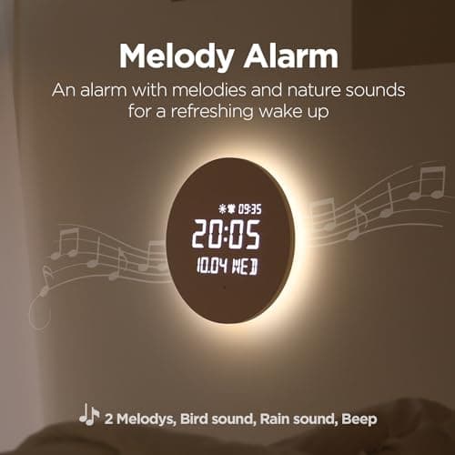 mooas Full Moon LED Silent Wooden Digital Wall Clock with Remote Control, Backlight Nightlight Digital Wood Wall Clock, Sunrise Alarm Melody, 5 Level Brightness Modern Decorative Office Livingroom 5