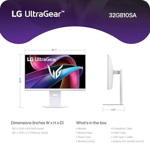 LG 32G810SA-W 32-inch Ultragear 4K UHD (3840 x 2160) IPS Gaming Monitor, 144Hz, 1ms, NVIDIA G-Sync Compatible, AMD FreeSync Premium, VESA DisplayHDR 400, HDMI, DisplayPort, USB Type-C, White 16