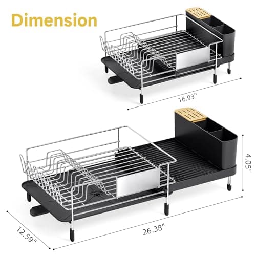 Urackify Large Dish Drying Rack - 304 Stainless Steel Dish Rack for Kitchen Counter, Extendable Dish Drainers with Cutlery & Cup Holders, Black 8