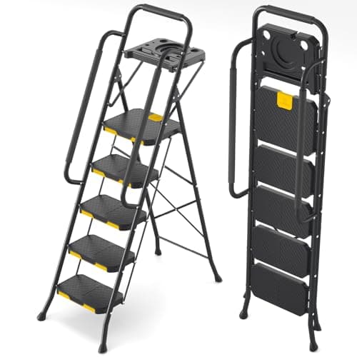 KINGRACK 5 Step Ladder, Sturdy Steel Step Stool with Anti-Slip Wide Pedals, Handrail, Safe-Lock Design, 800lbs Folding Portable Ladder for Multi-Purpose, Home, Kitchen