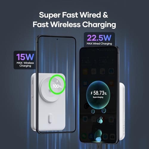 Wireless Portable Charger for Samsung, 5000mAh Ultra Slim Power Bank with Innovative Electric Suction Cup, Compatible with iPhone and Android Cell Phone, Support 22.5W USB-C PD Fast Charging, White 5