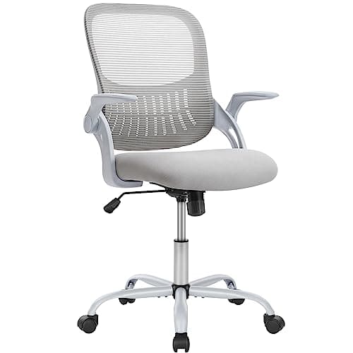 Sweetcrispy Office Computer Desk Chair, Ergonomic Mid-Back Mesh Rolling Work Swivel Task Chairs with Wheels, Comfortable Lumbar Support, Comfy Flip-up Arms for Home, Bedroom, Study, Student, Grey