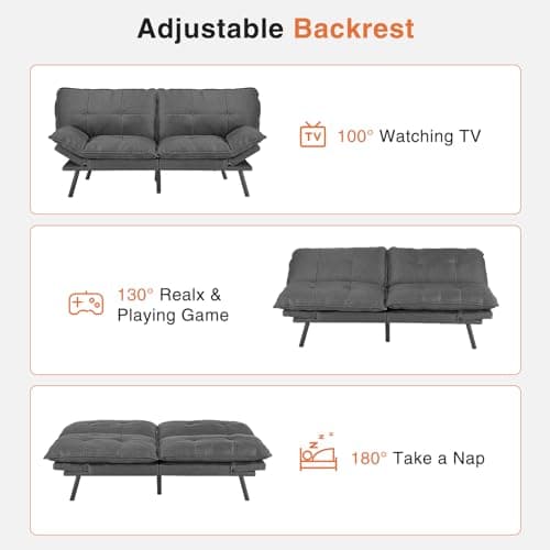 Sweetcrispy Sofa Couch - Futon Sofa Bed, Full Size Futon, Sofa Sleeper, Modern Convertible Lazy Futon for Living Room, Small Space, Apartment Office, Grey, 6022GY 3
