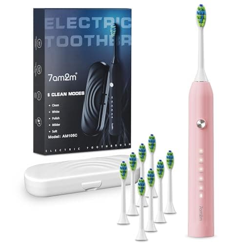 7AM2M Sonic Electric Toothbrush for Adults and Kids, with 8 Brush Heads and Travel Case,5 Modes with 2 Minutes Built in Smart Timer, One Charge Use for 90 Days, Rechargeable Toothbrushes(Pink)