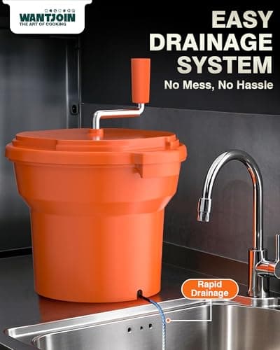 Wantjoin Commercial Salad Spinner - 2.5 Gallon Salad Dryer w/Aluminum Handle & Draining Hose, 10Qt Manual Salad Spinner for up to 3 Heads of Lettuce Spinner Large for Catering Kitchen 5