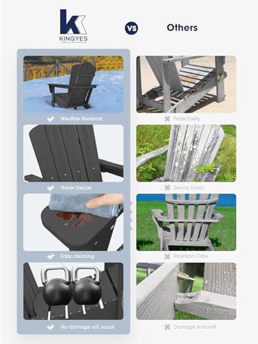 KINGYES Folding Adirondack Chair, HDPE All-Weather Patio Chairs, Wooden Textured Lawn Chair for Poolside, Backyard, Deck, Fire Pit, Grey 8