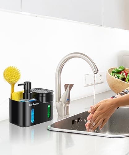 Hand Soap and Dish Soap Dispenser Set for Kitchen, Dual Soap Dispenser with Sponge Holder and Dishcloth Holder 4-in-1 Organizer for Kitchen Sink Countertop, Useful Kitchen Gadgets (Black) 5