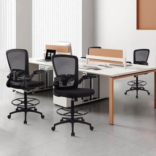 Drafting Chair Tall Office Chair, High Chairs with Flip-up Armrests Executive Ergonomic Computer Standing Mesh Desk Chair with Adjustable Footrest Ring and Lumbar Support Black 8