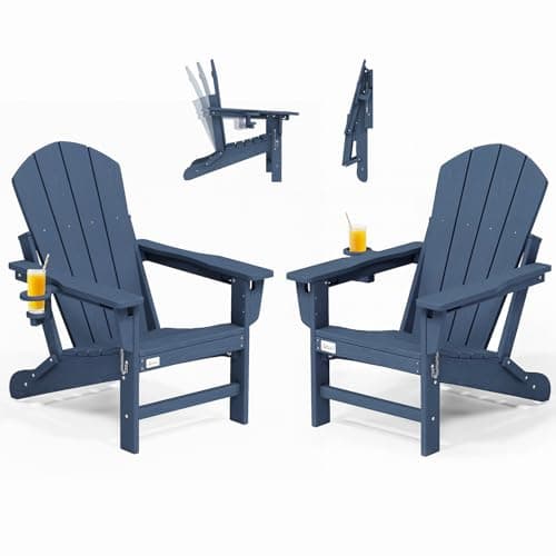 Mdeam 3-Position Adjustable Adirondack Chairs Set of 2, 400LBS Capacity, Cup Holder, Wooden Textured, All-Weather HDPE Folding Fire Pit Outdoor Chairs for Poolside Deck Patio Garden Yard - Navy Blue