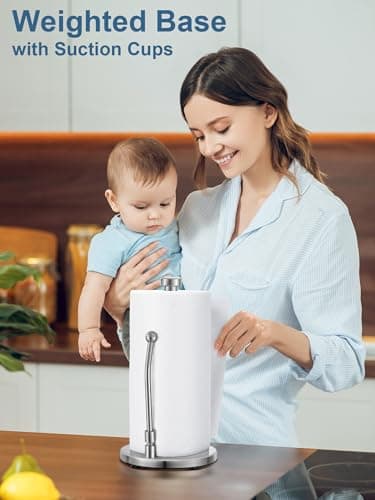 SMARTAKE Paper Towel Holder, Paper Towel Dispenser Standing Weighted Base Non Slip, Spring Arm for Easy Tear, Stainless Steel Paper Towel Holder for Home Kitchen Countertop Tabletop, Silver 8