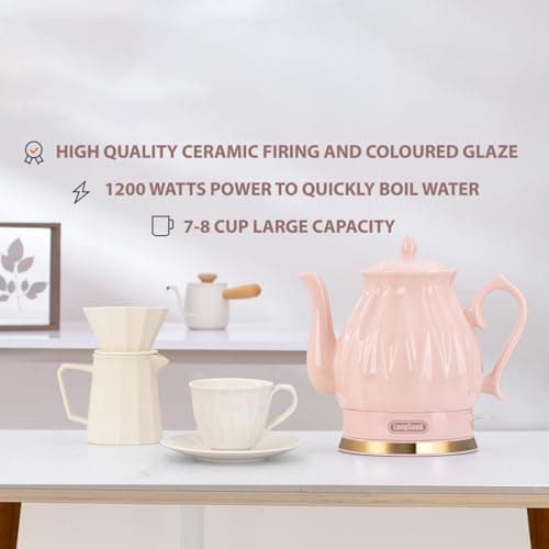LONGSEED Ceramic Electric Kettle, 1.5L/1200W Boil Water Quickly and Easily with Boil-Dry Protection Auto Shut Off, Detachable Swivel Base, Diamond Cut Glazed 8