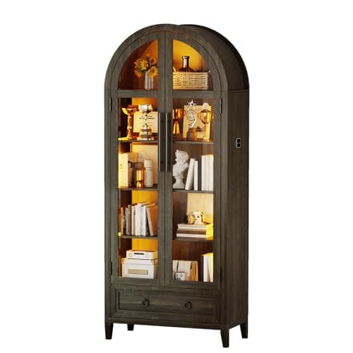 WOOVIVS Display Cabinet with Glass Doors - Arched Display Case with 3 Color Lights for Livingroom, 6-Tier Curio cabinets with Drawer for Collectibles, Bookcase with Wood Leg(Brown)