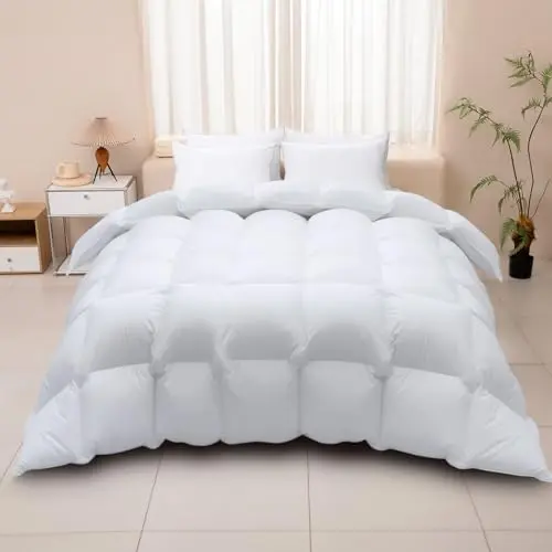 Wellos Luxury Goose Feather Down Comforter King Size 850+ Fill-Power, Fluffy and Cozy Duvet Insert with 1000T 100% Cotton, All Season Premium Medium Warmth King Size Down Comforter 9