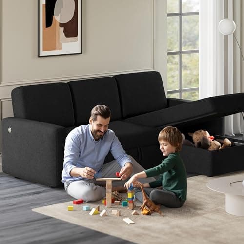 Yaheetech Sectional Sofa L-Shaped Sofa Couch Bed w/Chaise & USB, Reversible Couch Sleeper w/Pull Out Bed & Storage Space Living Room Black 9