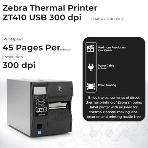 Zebra ZT410 Direct Thermal Transfer Printer - Monochrome, Desktop, Label Print - 4.09" Print Width, 14 in/s Mono, 300 dpi with Original Power Cord + Installation CD + Manual + Microfiber Cloth 2