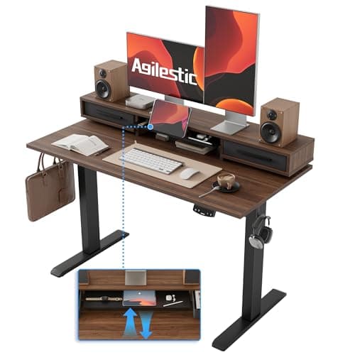 Agilestic 48 Inch Electric Standing Desk with Drawers, Adjustable Desk with Storage Shelf, Stand Up Home Office Computer Table, Splice Board, Dark Walnut