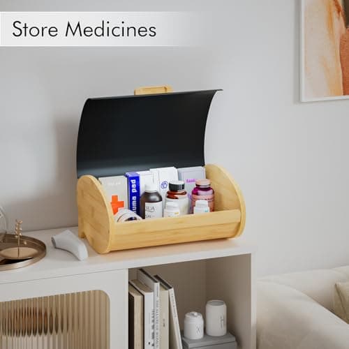 Modern Bread Box for Kitchen Countertop, Bamboo Storage Container with Stainless Steel Lid, Bread Storage Bin for Homemade Bread, Counter Organizer for Snack Tea Coffee Sugar (Black Large) 6