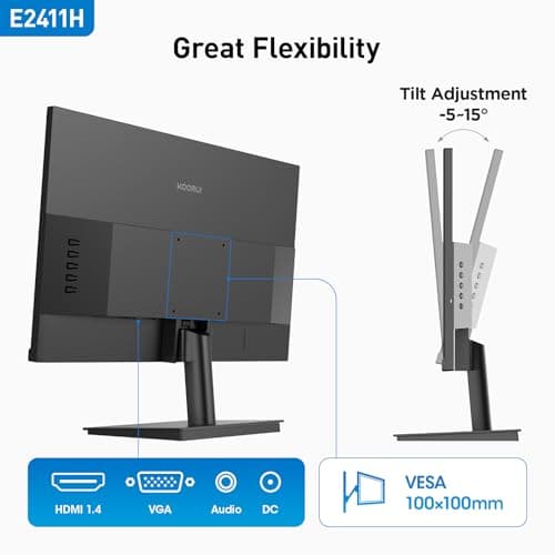 KOORUI 24 inch Monitor 120Hz, Full HD 1920 * 1080p IPS Ultra-Thin Computer Monitor, 99% SRGB Color Gamut, VESA 100 * 100mm Mountable,Tilt Adjustable,HDMI & VGA Ports,Black, E2411H 6