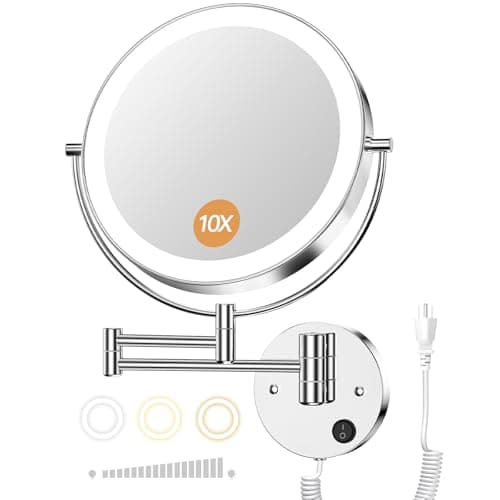 Gospire 9” Wall Mounted Lighted Magnifying Mirror, 1X/10X Magnification Double-Sided LED Bathroom Mirror, 3 Color Lights & Stepless Dimming with Touch Sensor, Extendable Arm 360° Swivel for Shaving
