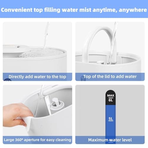 6L Humidifiers for Bedroom Large Room Home, Cool and Warm Humidifier for Baby and Plants Mist Top Fill Desk Humidifiers Essential Oil Diffuser, Quiet with Adjustable Mist,360°Nozzle-White 6