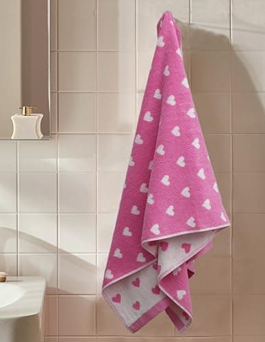ORIGINAL KIDS 6 Piece Towel Set - Bath Time Hearts - 2 Bath Towels, 2 Hand Towels, 2 Washcloths - 100% Cotton Jacquard Colorful Soft Absorbent Pool Beach Kids Towel Gift - Pink White 5
