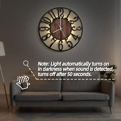 LEIKE Large Wall Clocks with Night Light Battery Operated,Silent Non Ticking,Rustic Modern Big Wood Clock for Living Room, Bedroom,Kitchen,Farmhouse,Office,Home Decor-20 Inch(Black-Arabic Number) 5