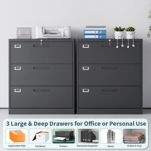 MIIIKO Lateral File Cabinet with Lock, 3 Drawer Lateral Filing Cabinet, Large Deep Drawers Locked by Keys, Metal Storage File Cabinet for Hanging Files Letter/Legal/F4/A4 Size 6