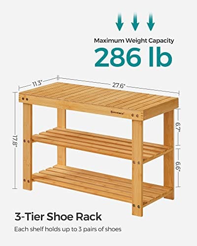 SONGMICS Shoe Rack Bench, 3-Tier Bamboo Shoe Storage Organizer, Entryway Bench, Holds Up to 286 lb, 11.3 x 27.6 x 17.8 Inches, for Entryway Bathroom Bedroom, Natural ULBS04N 6