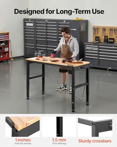 VEVOR Adjustable Workbench, 2000 lbs Capacity, 48 x 20-inch Heavy Duty Work Bench with 28.5-38.3 Inches Height Adjustment, Garage Workbench with Power Outlets, Suitable for Office, Garage, Workshop 6