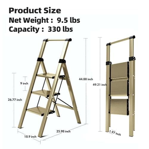 HillhutApex 3 Step Foldable Aluminum Step Ladder with Handgrip, Anti-Slip Pedal, 330 lbs Capacity, Lightweight & Portable for Home, Kitchen, Office, Garage (Gold) 7