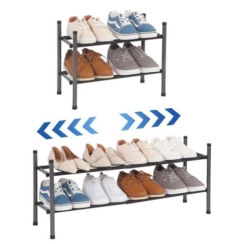 STORAGE MANIAC Expandable Shoe Rack, 8 Pairs Stackable Small Shoe Rack, Metal Adjustable Shoes Organizer for Closet, Entryway, Hallway, Garage, Front Door, Shoes Shelves, Black 2 Tier