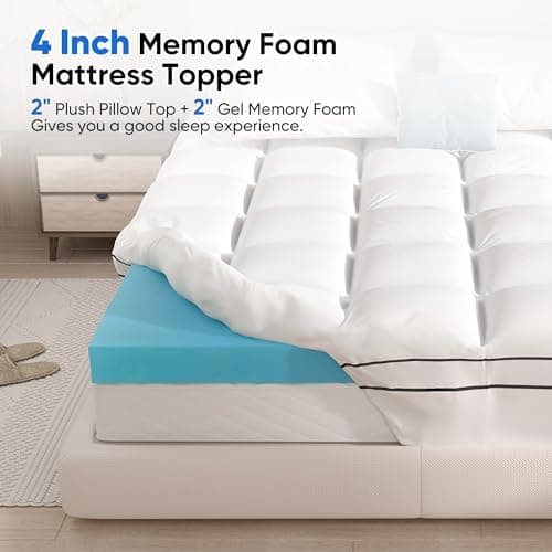 Memory Foam Mattress Topper Dual Layer 4 Inch Queen Size, 2 Inch Cooling Gel Memory Foam Plus 2 Inch Down Alternative Pillow Top Mattress Pad Cover with 8-21 Inch Deep Pocket 8