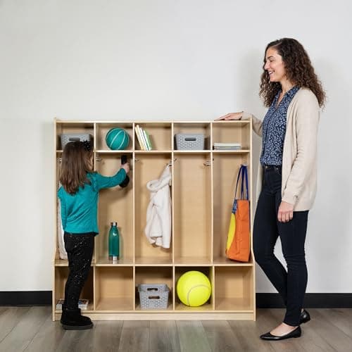 Flash Furniture Hercules Wooden 5-Section School Coat Locker with Bench, Cubbies, and Storage Hooks, Preschool Cubby Organizer, 48"H x 48"L, Natural 5