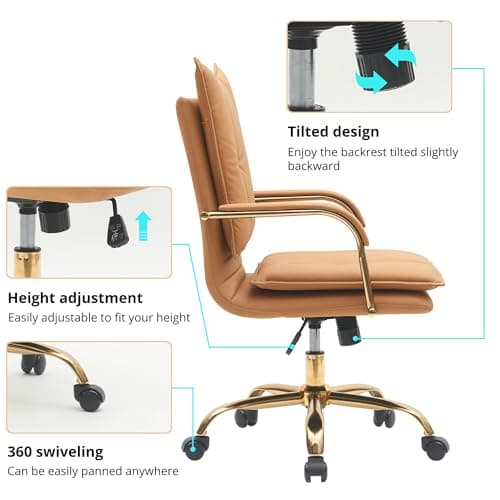 DRKAT Leather Home Office Desk Chairs Comfy Office Chair, Mid-Back Adjustable Swivel Computer Chair with Golden Legs and Arms, Modern Upholstered Task Chair with Wheels, Camel 5