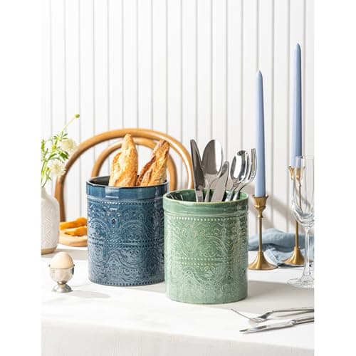 MIKIGEY Kitchen Utensil Holder, 7 Inches Large Ceramic Utensil Holder for Countertop, Lace Emboss Cooking Utensil Crocks for Kitchen, Home Decor, Reactive Blue 8