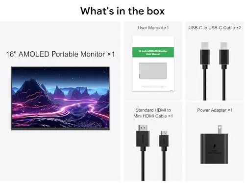 16" OLED Portable Monitor, 3K 2880x1800 120Hz 0.1ms USB-C HDMI OLED Monitor with Ultra-Thin Bezels 120% DCI-P3 Kickstand Speakers VESA for Laptop Mini PC Windows Mac Phone PS4 PS5 Switch, Silver 9