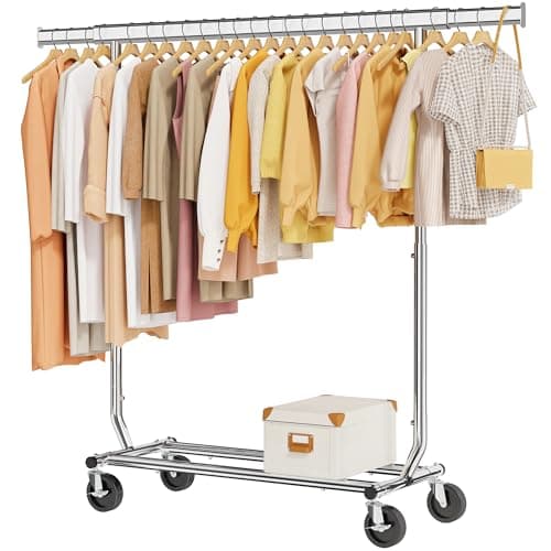Tajsoon Clothes Rack Heavy Duty Clothing Rack Load 350 LBS, Rolling Garment Rack with Wheels and Extendable Rod, Collapsible Clothing Rack for Hanging Clothes with Bottom Shelf, Chrome